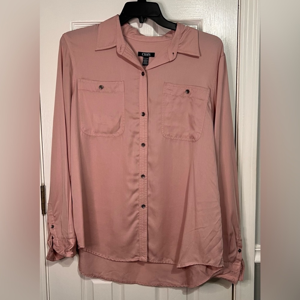 Chaps NEW 2XL Women's light pink Button Up Blouse‎ with long sleeves & Pockets